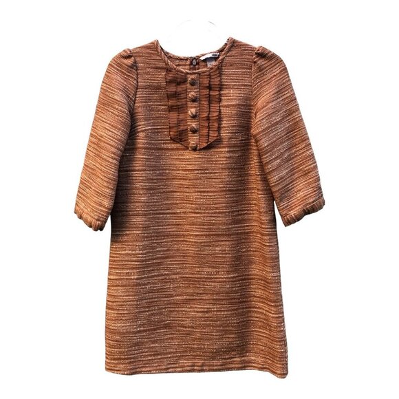 H&M Tweed Retro Mocha Brown Ruffle Front Shift Dress - Picture 2 of 7
